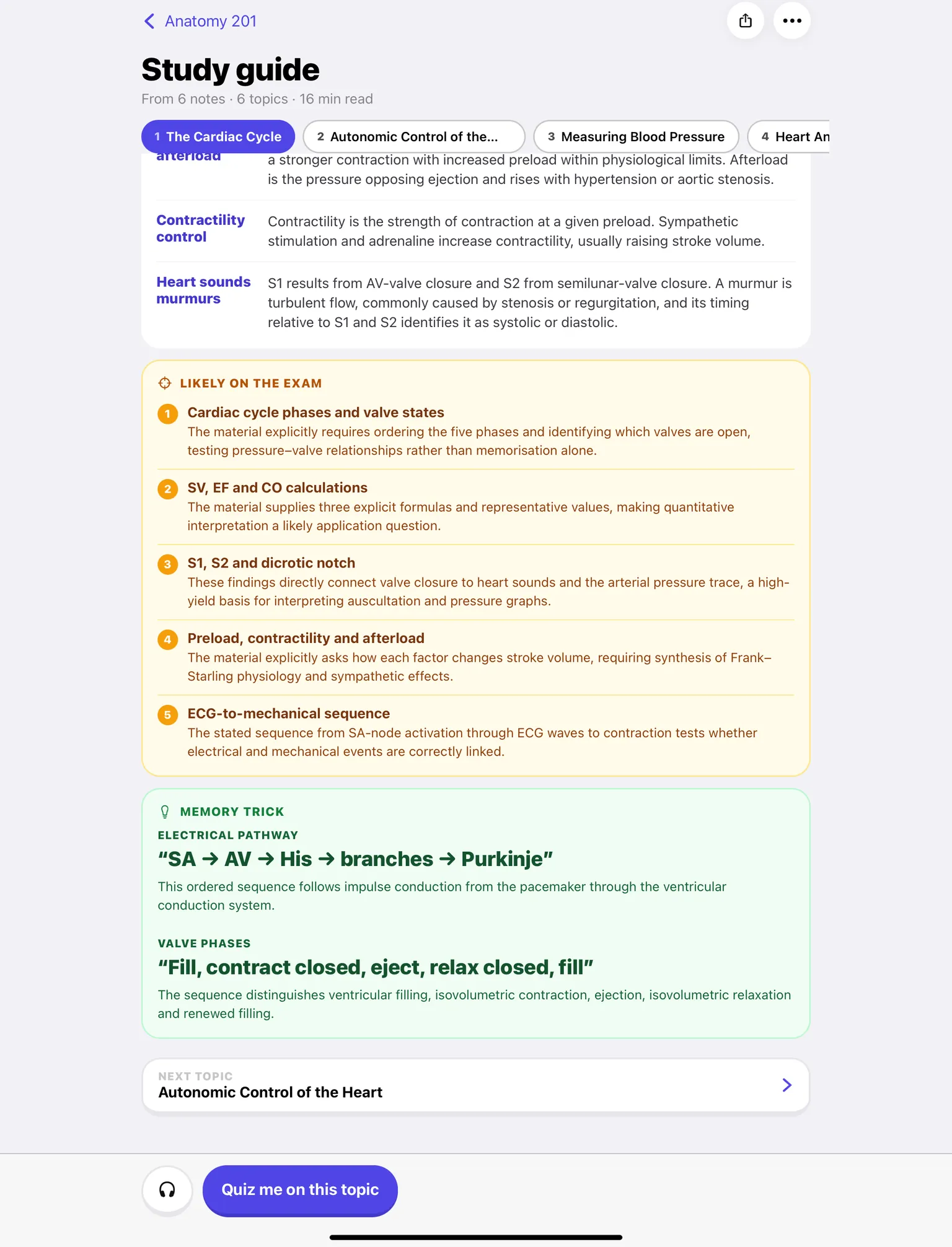 QuizWhiz study guide made from a recorded Anatomy 201 lecture, on iPad
