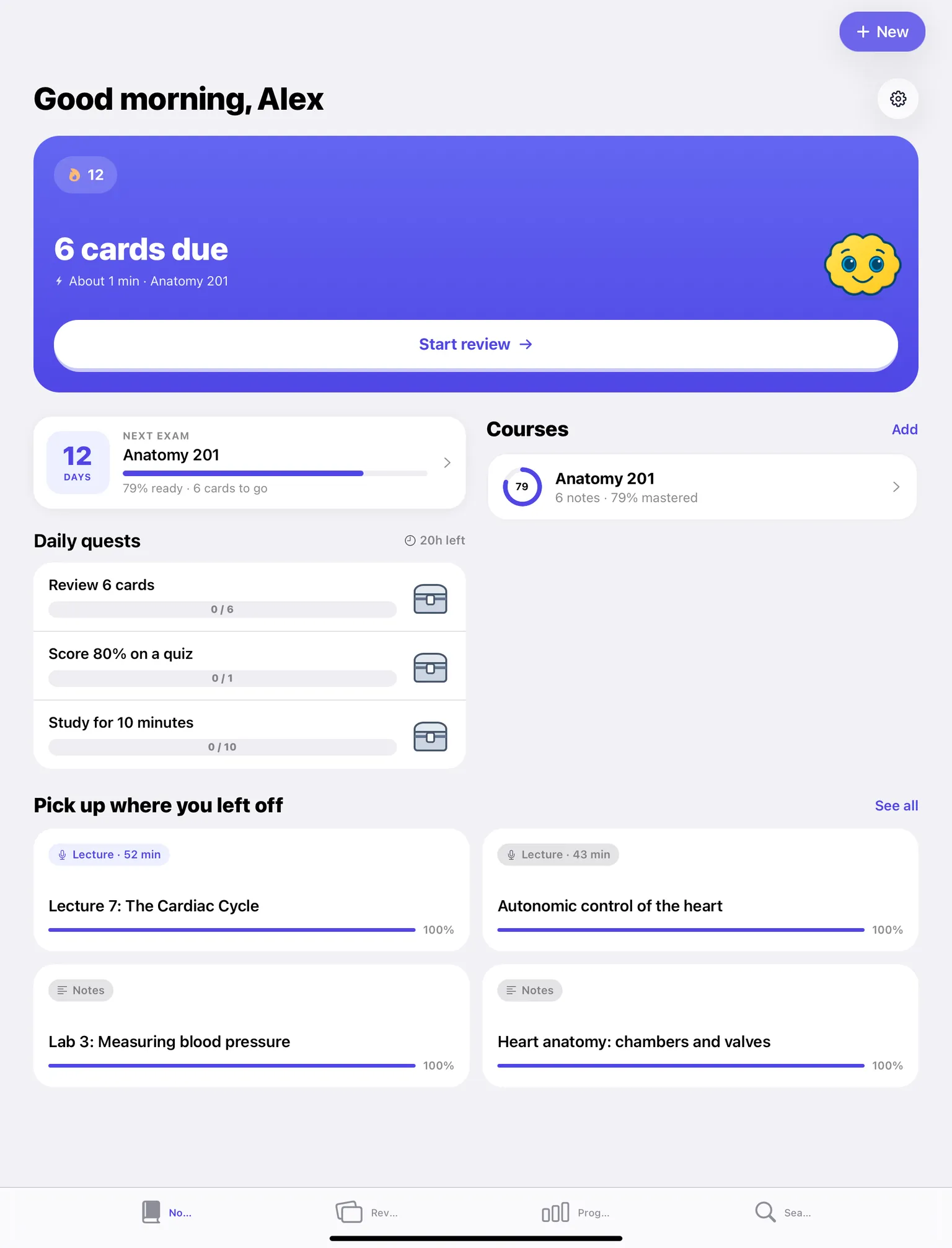 QuizWhiz home screen on exam morning: cards due and the exam countdown