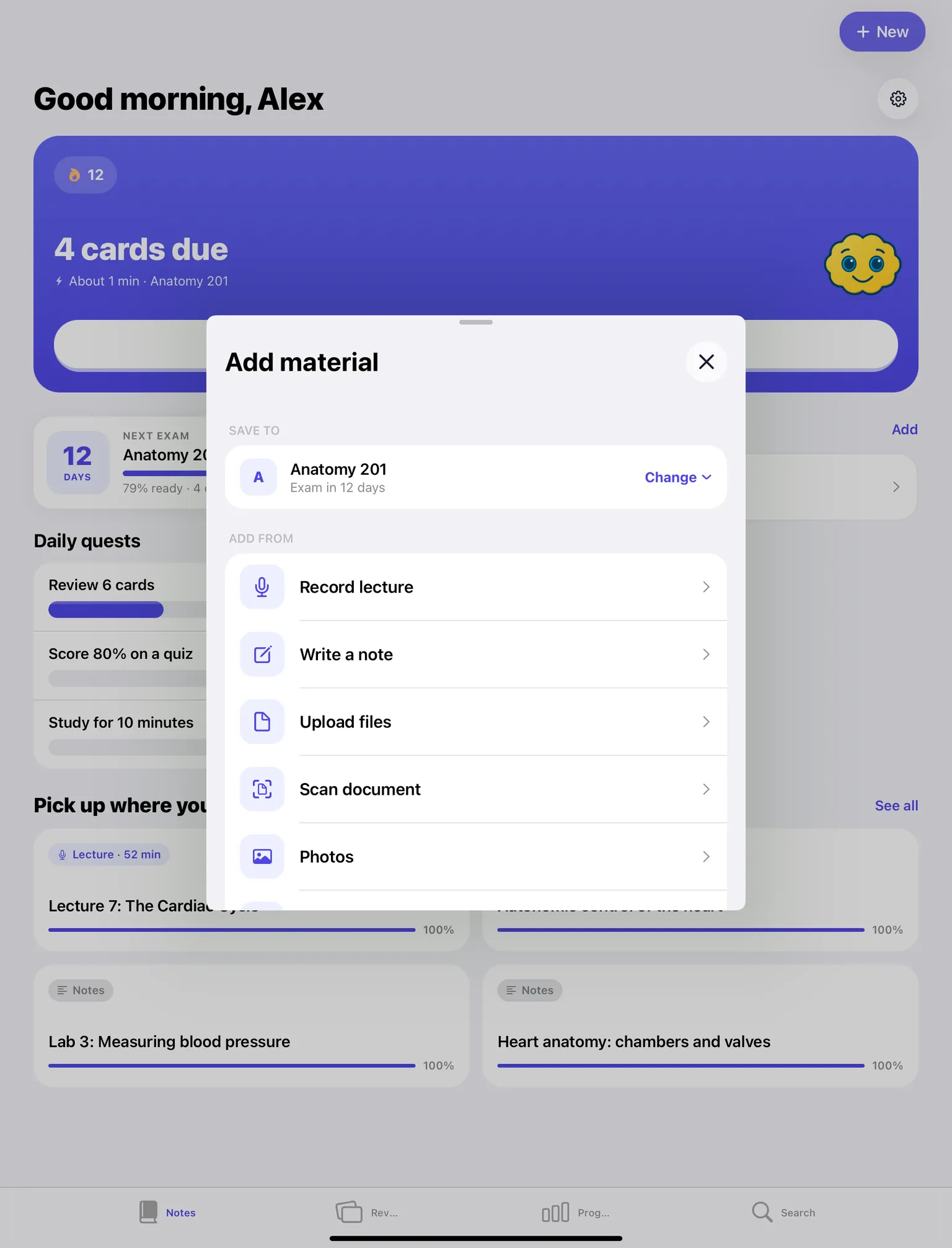 QuizWhiz lecture recorder on iPad: record a lecture, write a note, upload files or scan a document
